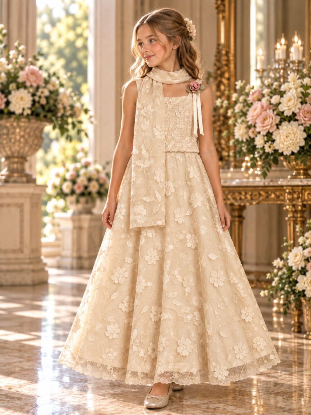 Biscotti Collezioni Girls 14 Ivory Lace Formal Dress Gown with Matching Shawl